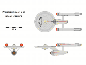 Three-view orthographic plans of the Constitution-class heavy cruiser.