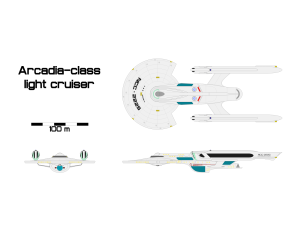 Three-view orthographic plans of the Arcadia-class light cruiser.