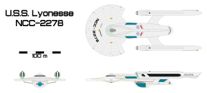 Three-view orthographic plans of the Arcadia-class U.S.S. Lyonesse NCC-2278.
