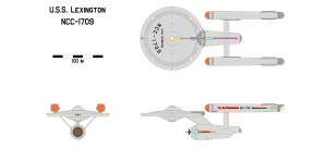 Three-view orthographic plans of the Constitution-class U.S.S. Lexington NCC-1709.
