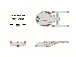Three-view orthographic plans of the Archer-class scout.