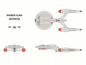 Three-view orthographic plans of the Avenger-class destroyer.