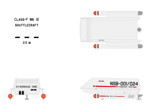 Three-view orthographic plans of the Class F mk 12 shuttlecraft.