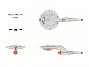 Three-view orthographic plans of the Predator-class escort.