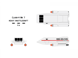 Three-view orthographic plans of the Class H mk 7 heavy shuttlecraft.