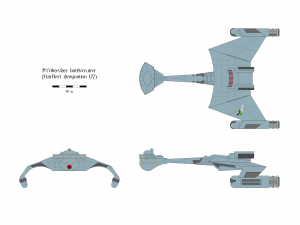 Three-view orthographic plans of the K't'rika-class battlecruiser.