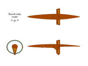 Three-view orthographic plans of the Suurok-class research cruiser.