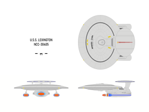 Three-view orthographic plans of the Constitution-class U.S.S. Lexington NCC-30405.
