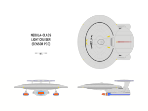 Three-view orthographic plans of the Nebula-class light cruiser, with sensor pod.
