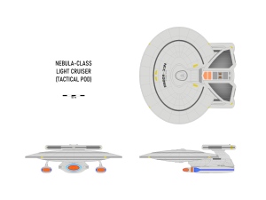 Three-view orthographic plans of the Nebula-class light cruiser, with tactical pod.